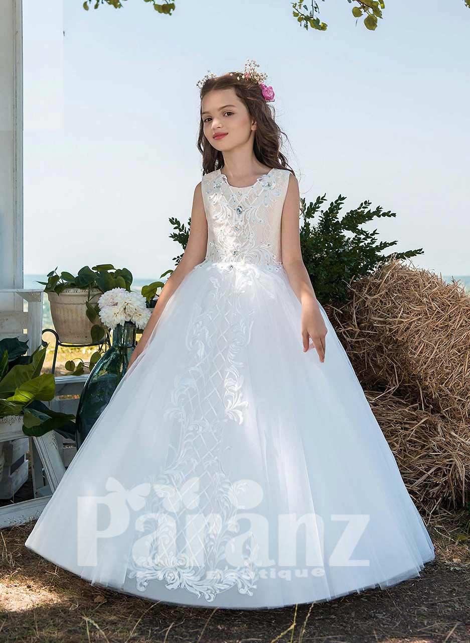 Crystal Studded White Appliqued Beige Bodice Tulle Skirt Dress