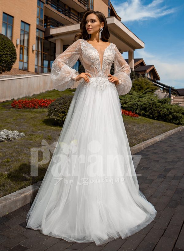 Floor Length White Tulle Skirt Gown With Arabic Princess Sleeves And