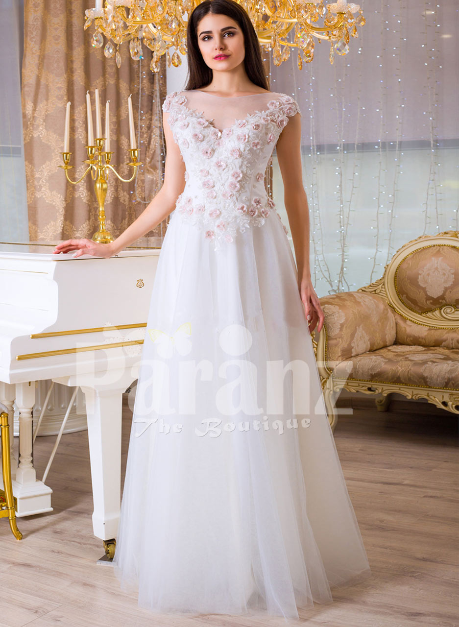 Women S Beautiful White And Pink Rosette Bodice Elegant Floor Length