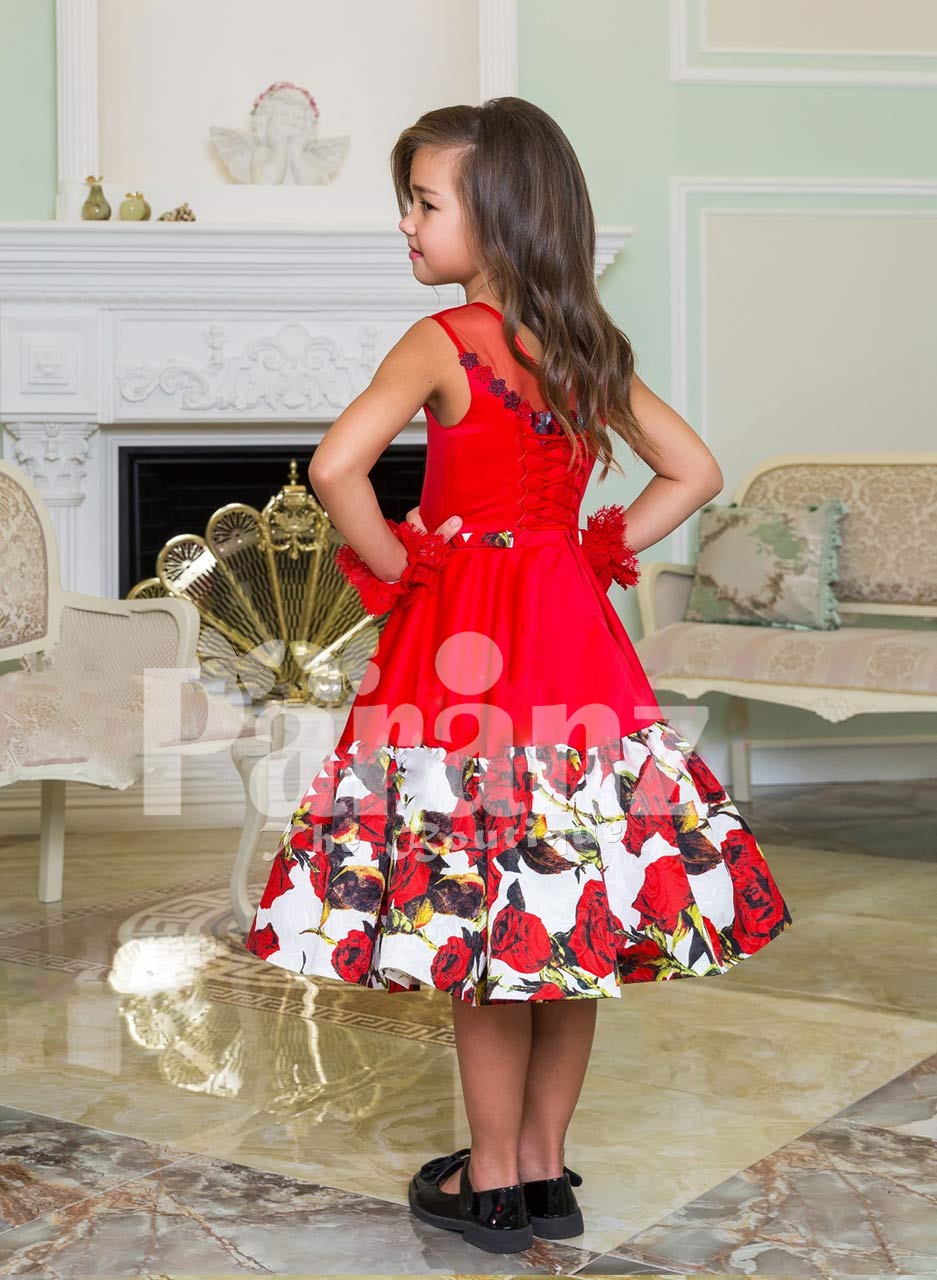 Soft red tea length rich satin party dress for girls with