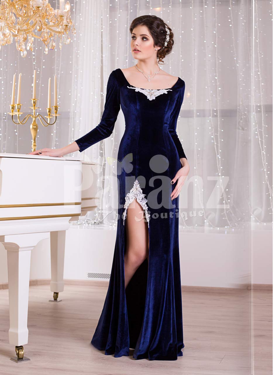 navy velvet formal dress