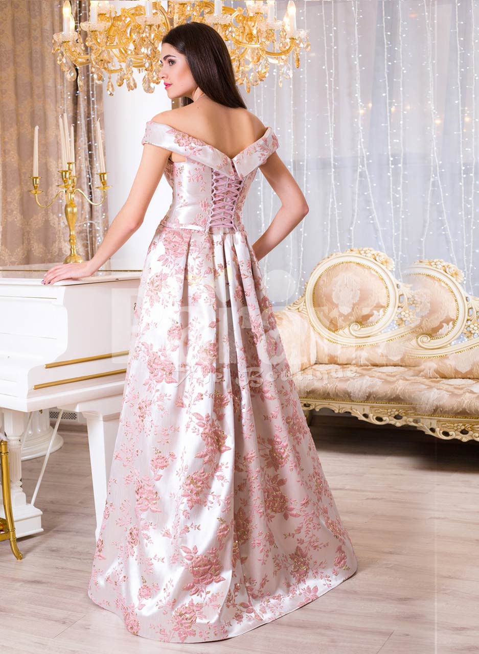 Women’s bright metal pink evening satin gown with pink rosette designs — free download
