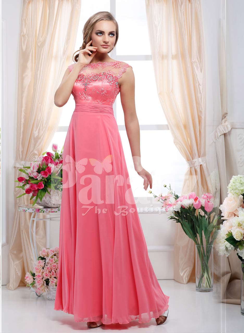 peach evening dress with sleeves